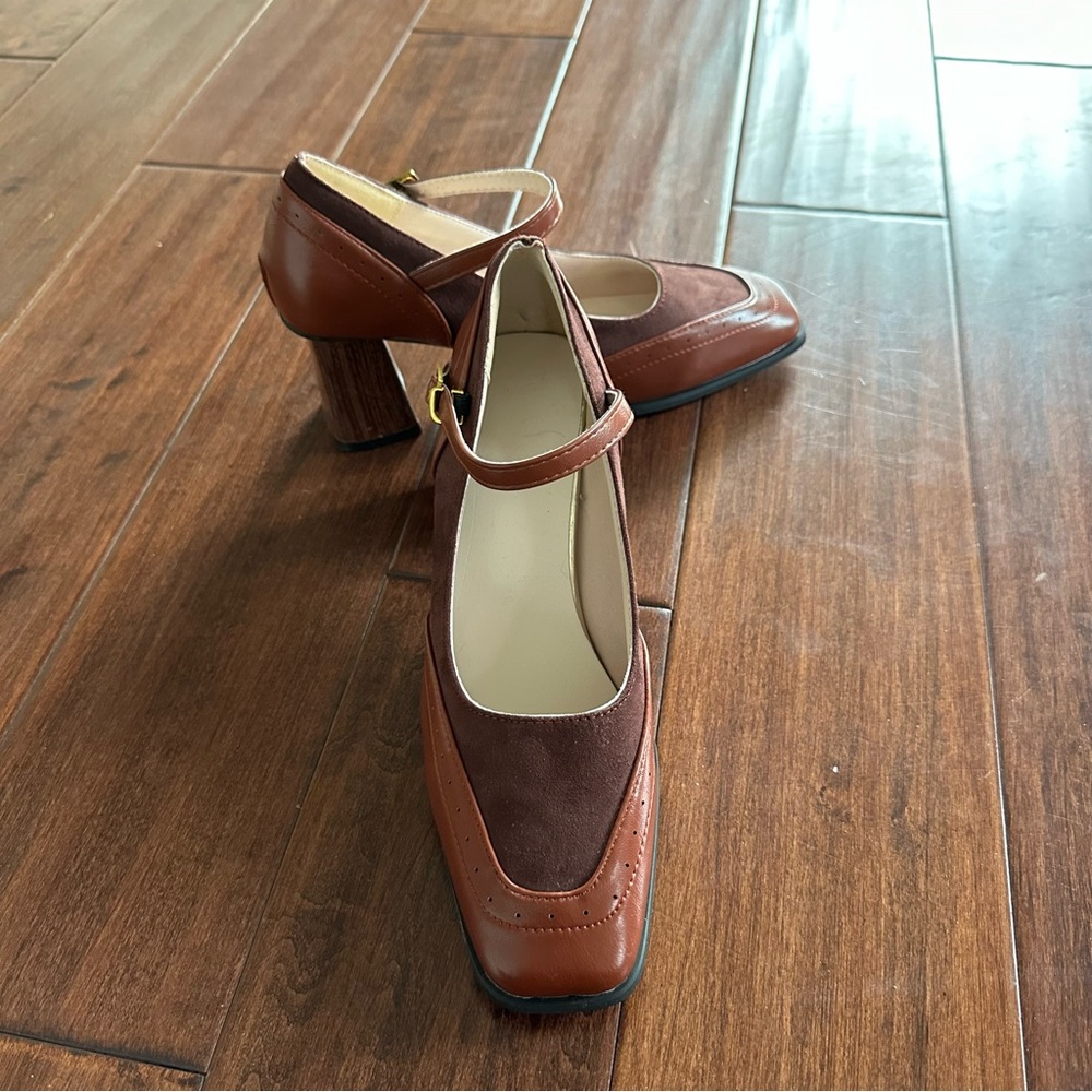 Vintage Style Brown Suede & Leather Mary Jane Heels Square Toe Dark Academia - Picture 9 of 9